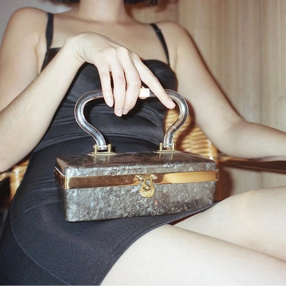 Handbags - vintage box purse in gunmetal gray lucite